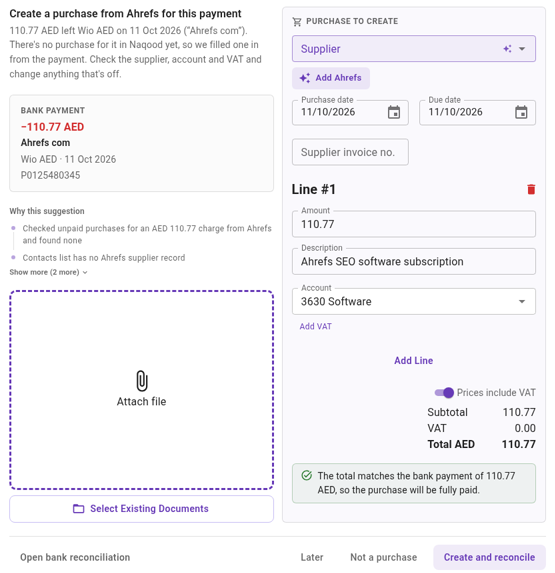 A new purchase task with the purchase form filled in