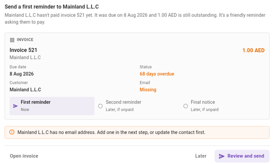 A first reminder task for an overdue invoice