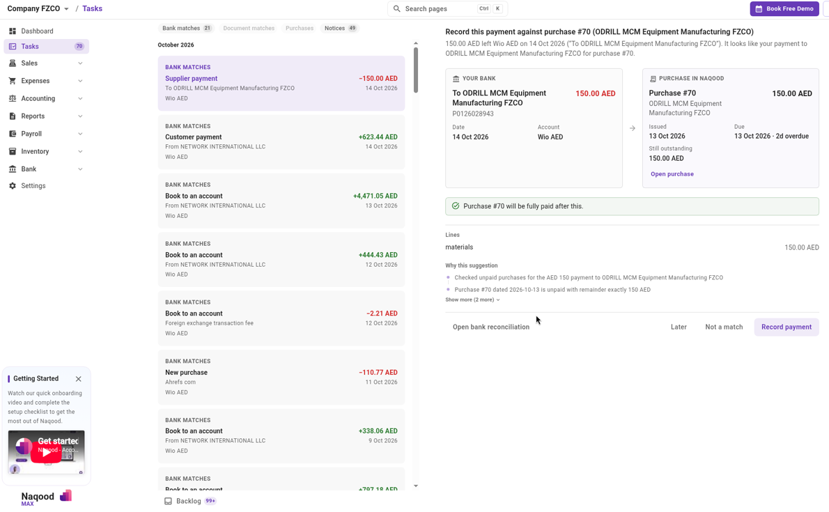 The Tasks page with a supplier payment selected